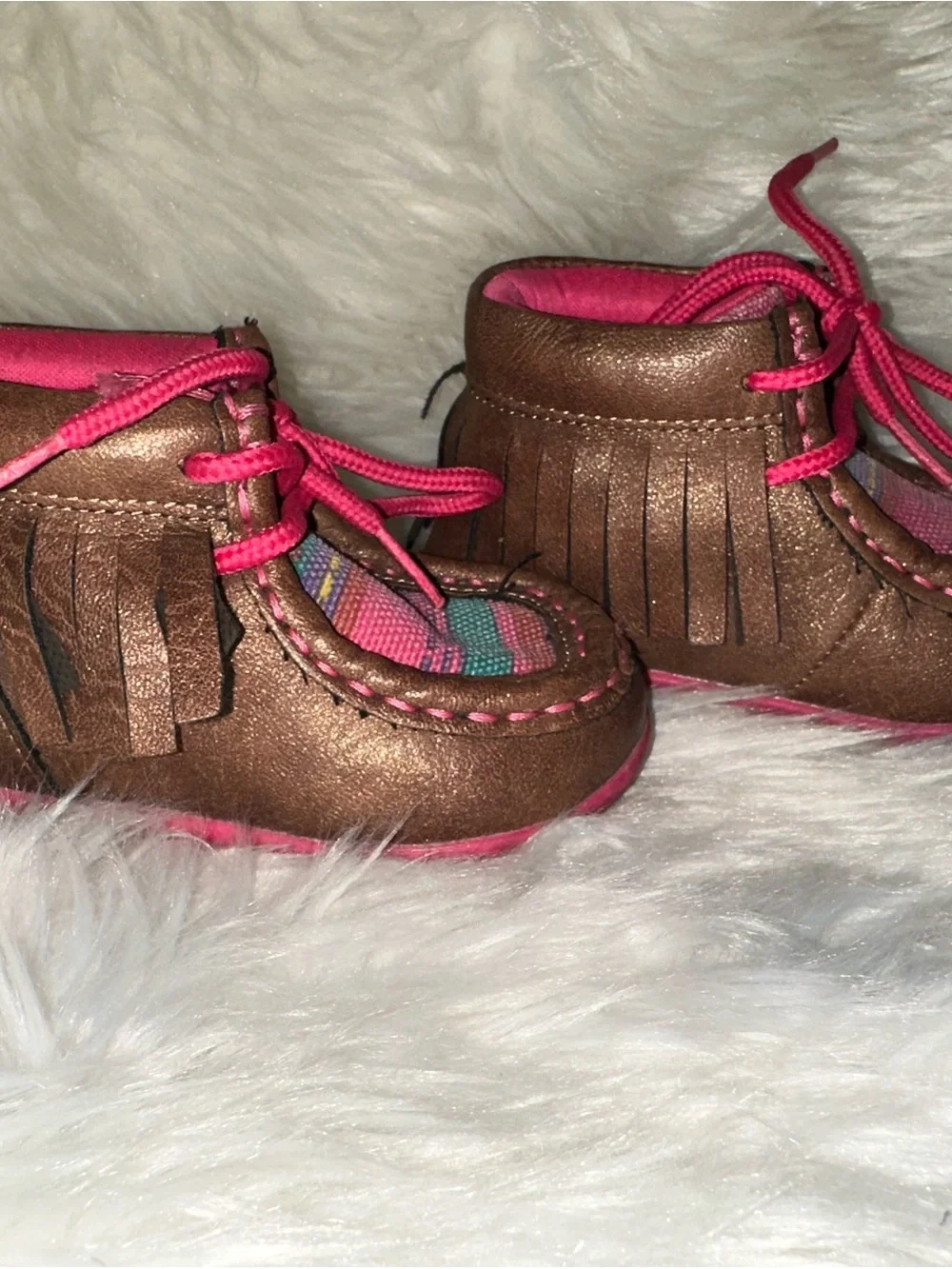 Twisted X Brown and Hot Pink Kids Moccasin Sneakers with Multicolor Textile